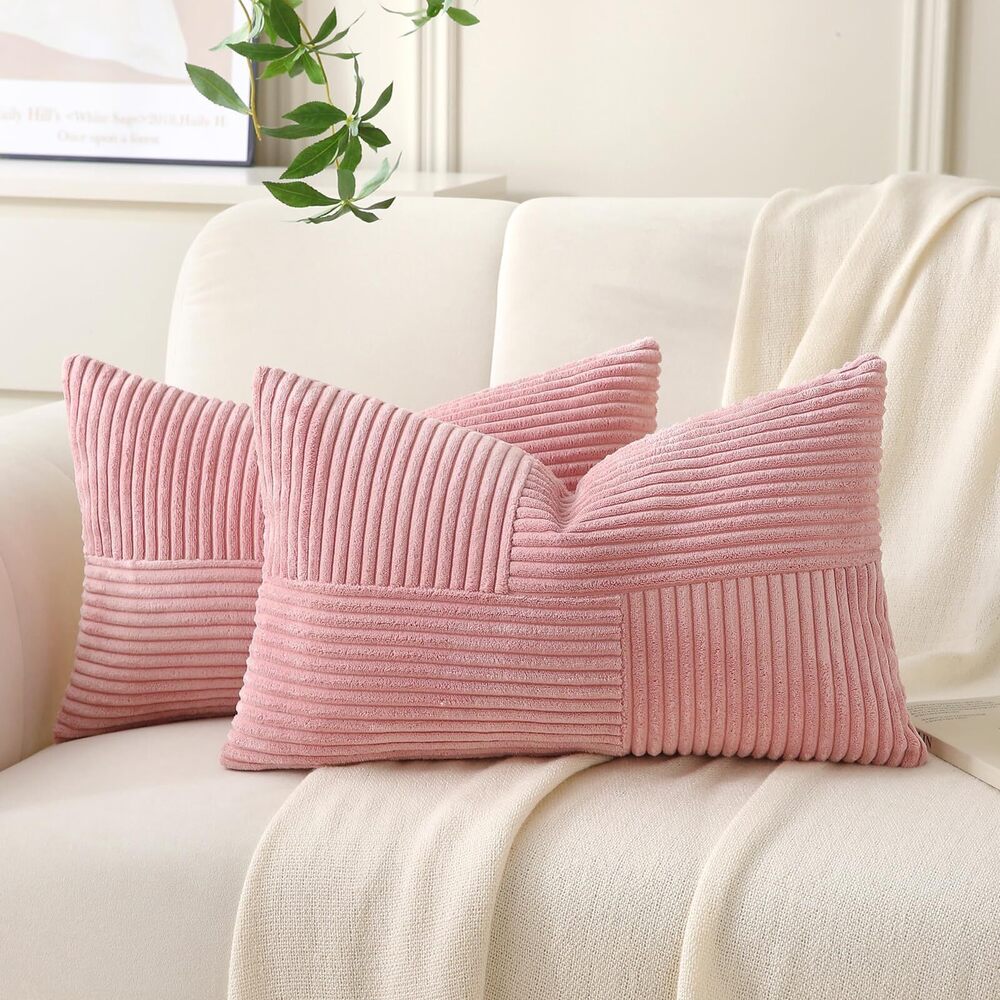 4844 Pink Lumbar Throw Pillow Covers 12x20 inch,Pack of 2 Soft Corduroy